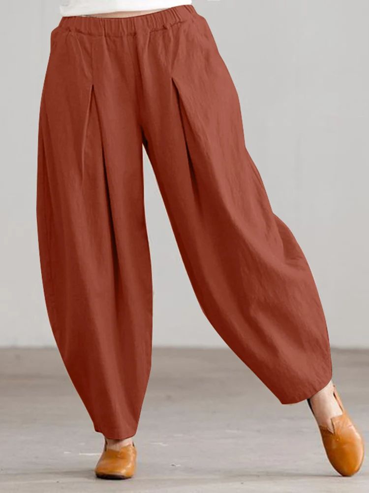 Women Summer Cotton Wide Leg Pants Elastic Waist Loose Casual Trousers 13