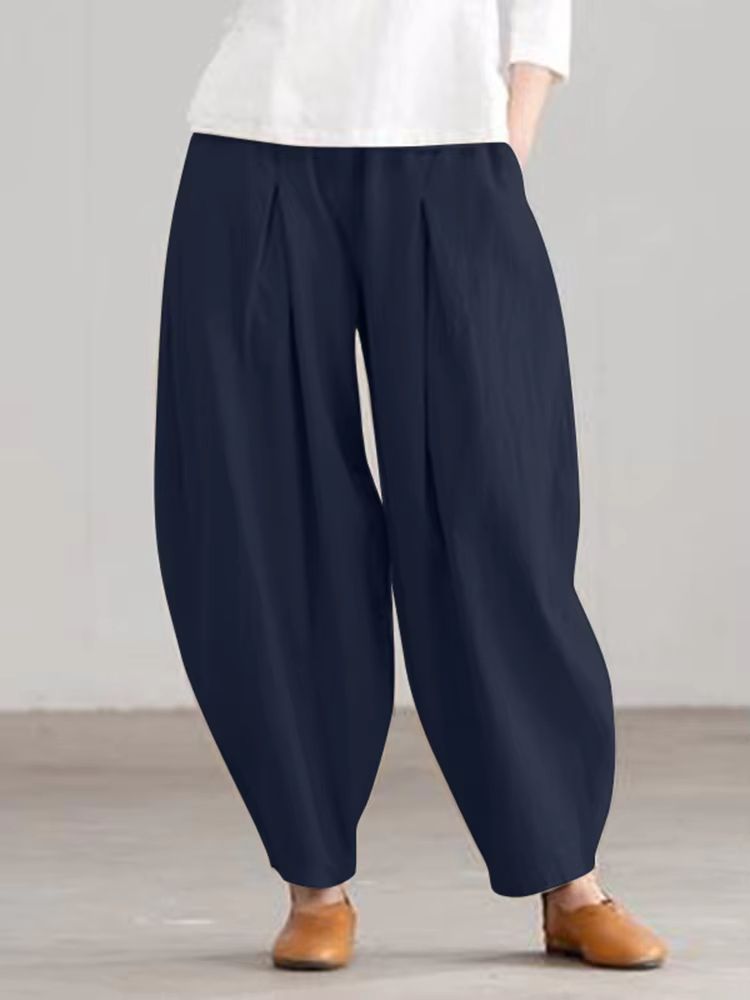 Women Summer Cotton Wide Leg Pants Elastic Waist Loose Casual Trousers 14