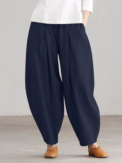 Women Summer Cotton Wide Leg Pants Elastic Waist Loose Casual Trousers 14