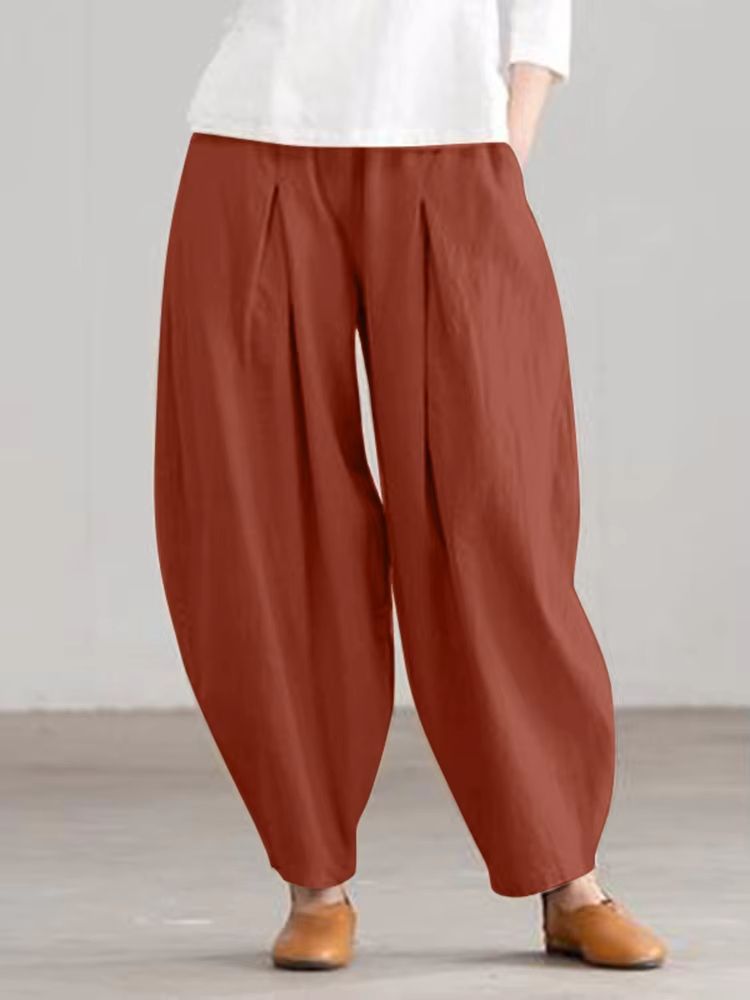 Women Summer Cotton Wide Leg Pants Elastic Waist Loose Casual Trousers 17
