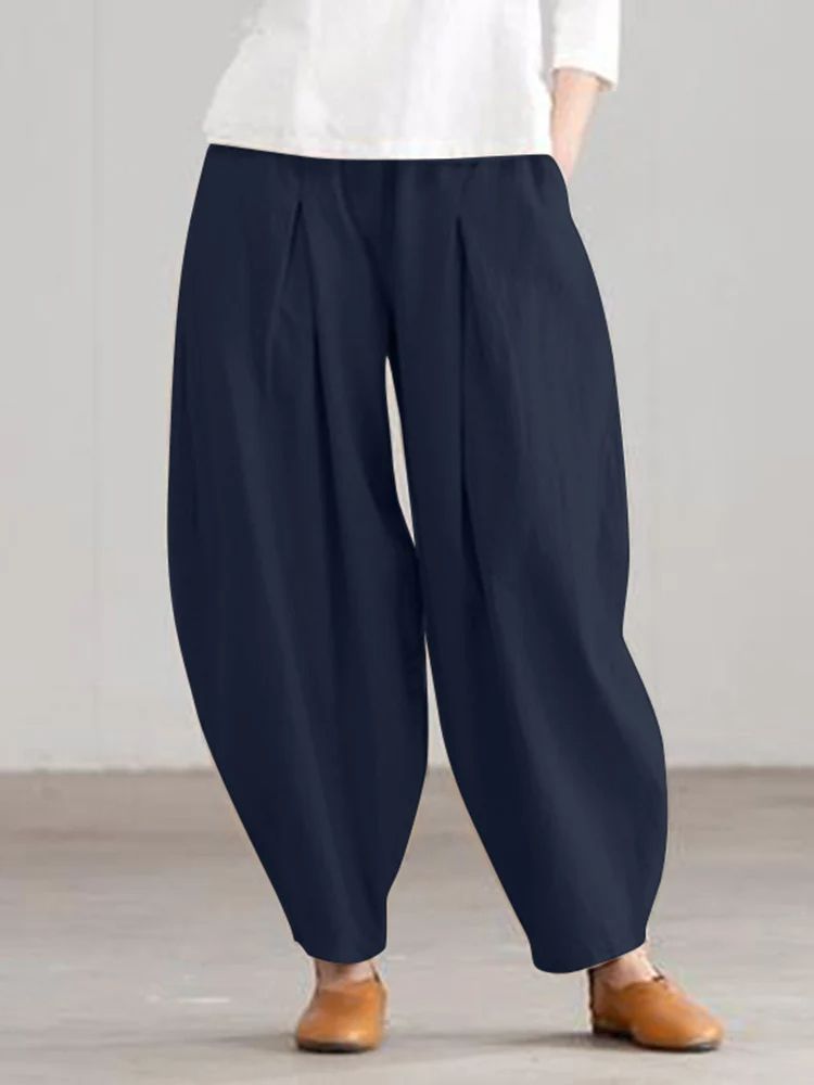 Women Summer Cotton Wide Leg Pants Elastic Waist Loose Casual Trousers 3