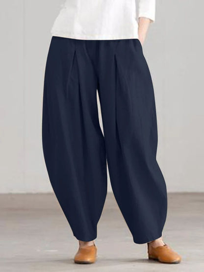 Women Summer Cotton Wide Leg Pants Elastic Waist Loose Casual Trousers 3
