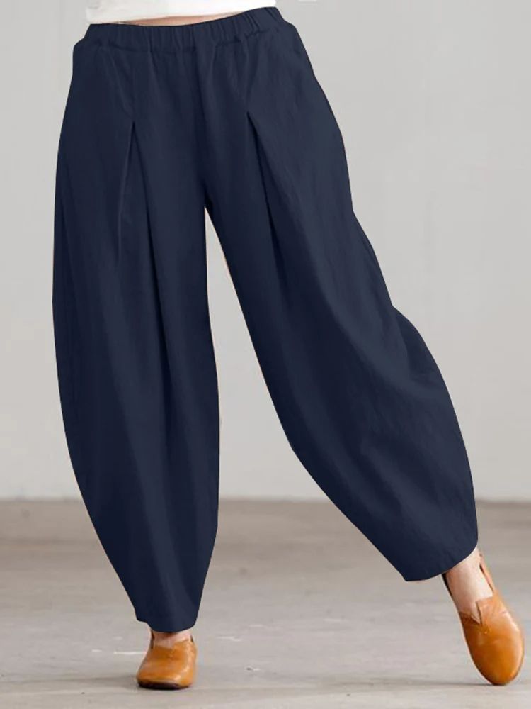 Women Summer Cotton Wide Leg Pants Elastic Waist Loose Casual Trousers 4