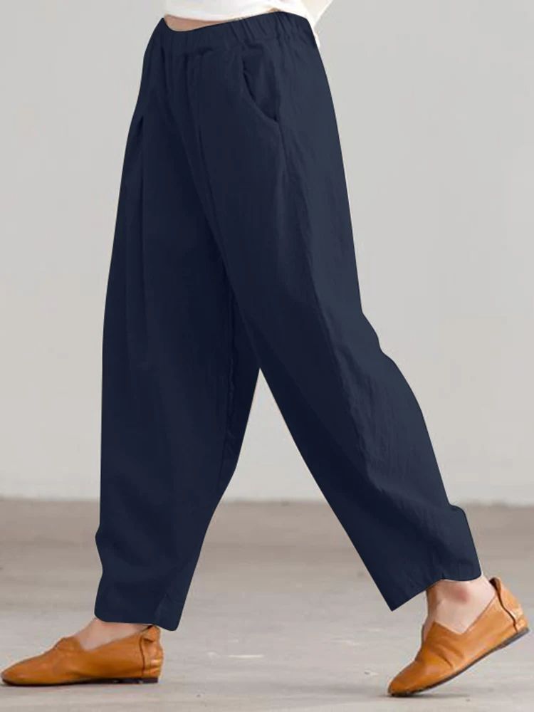 Women Summer Cotton Wide Leg Pants Elastic Waist Loose Casual Trousers 5