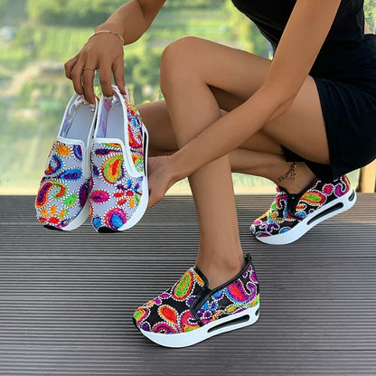 Womens Wedge Sneakers with Floral Embroidery Mesh Design Height Increasing Platform Shoes for Spring and Autumn