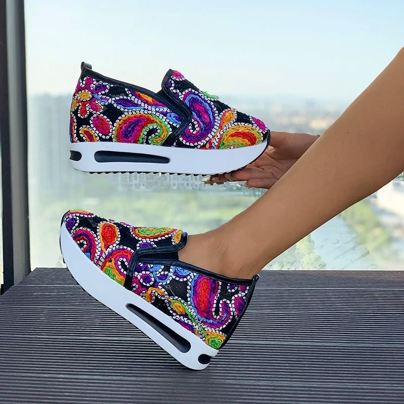 Womens Wedge Sneakers With Floral Embroidery Mesh Design Height Increasing Platform Shoes For Sprin 2