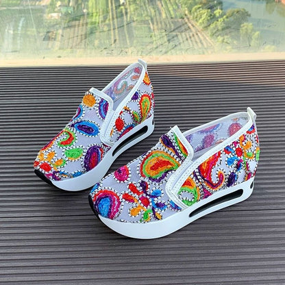 Womens Wedge Sneakers With Floral Embroidery Mesh Design Height Increasing Platform Shoes For Sprin 7