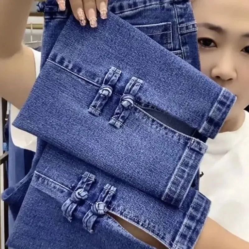 Korean Loose Straight Ankle Length High Stretch Women Denim Pants