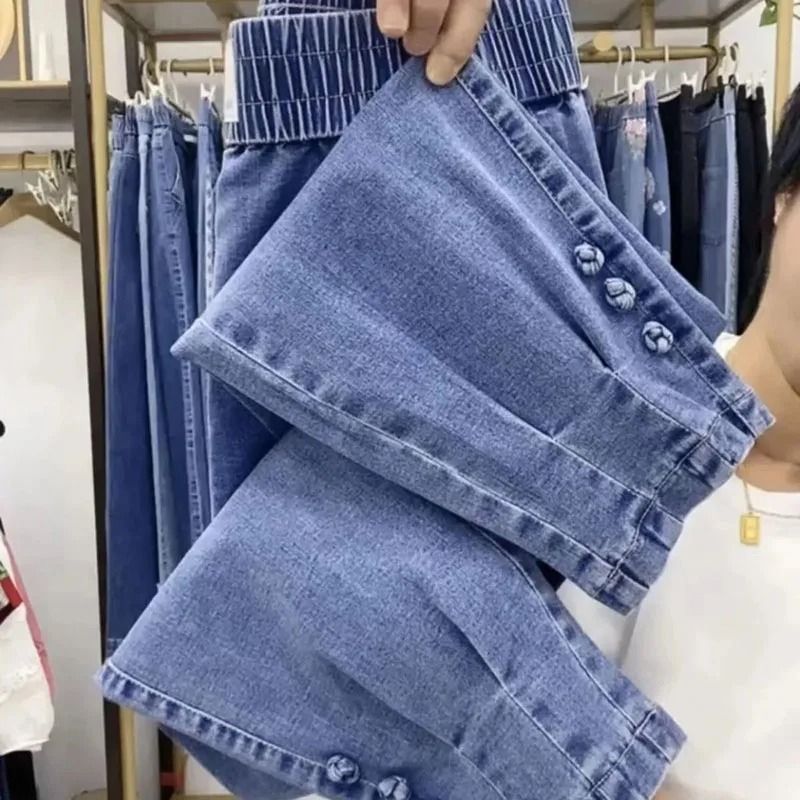 Korean Loose Straight Ankle Length High Stretch Women Denim Pants 1