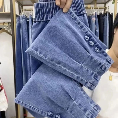Korean Loose Straight Ankle Length High Stretch Women Denim Pants 1