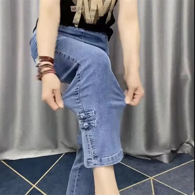 Korean Loose Straight Ankle Length High Stretch Women Denim Pants 2