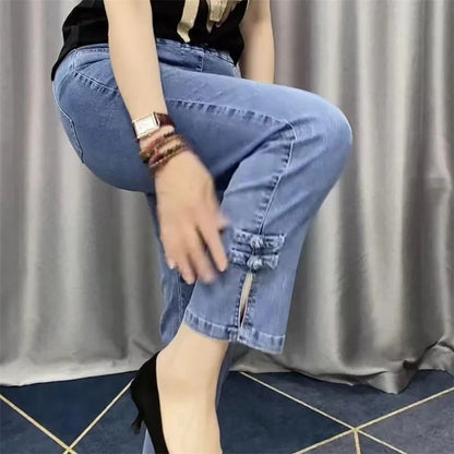 Korean Loose Straight Ankle Length High Stretch Women Denim Pants 3