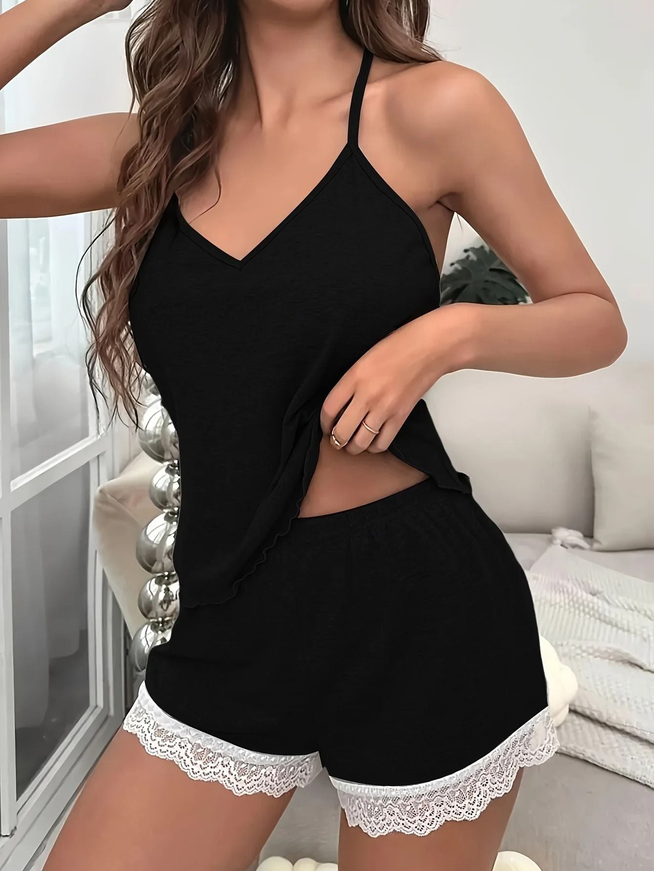 Women Lace Trim Sleepwear Set Sleeveless Backless Soft Cotton Lounge Shorts 4