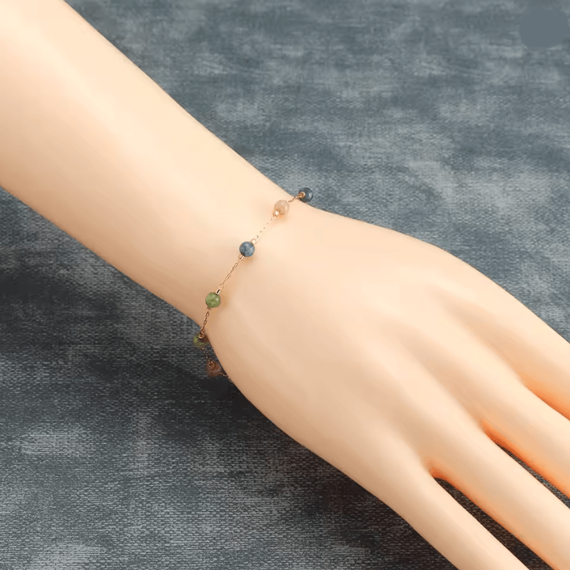 Natural Stone Crystal Bead Chain Bracelet For Women In Gold Tone 1