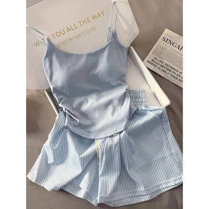Women Striped Pajama Set Spaghetti Strap Top and Shorts Summer Loungewear
