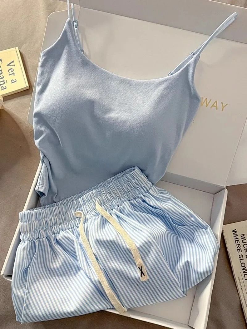 Women Striped Pajama Set Spaghetti Strap Top And Shorts Summer Loungewear 2