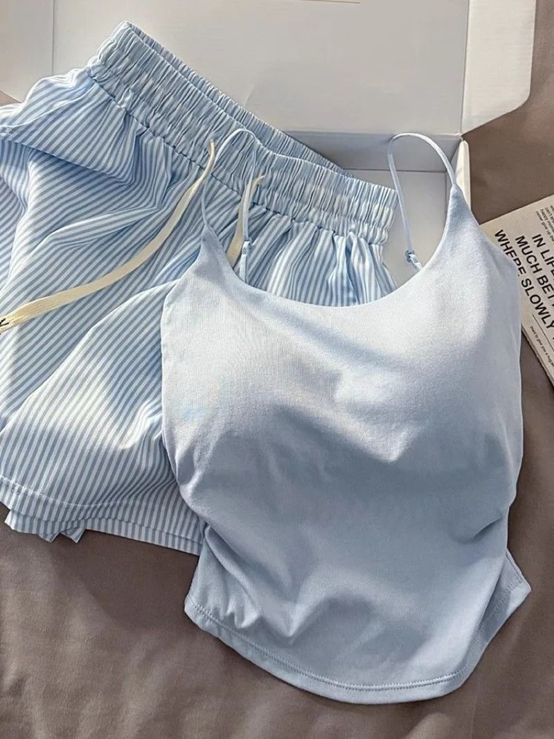 Women Striped Pajama Set Spaghetti Strap Top And Shorts Summer Loungewear 3