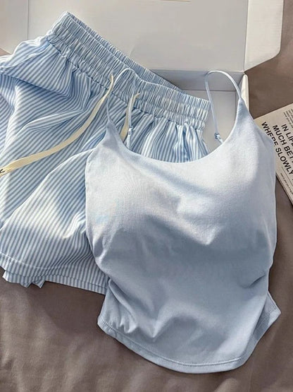 Women Striped Pajama Set Spaghetti Strap Top And Shorts Summer Loungewear 3