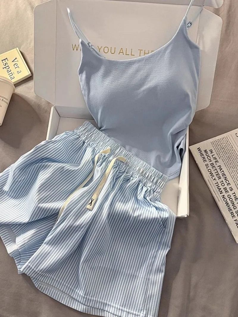 Women Striped Pajama Set Spaghetti Strap Top And Shorts Summer Loungewear 4