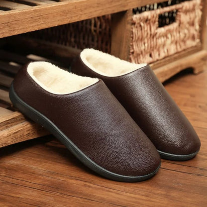 Men Winter Leather Slippers Bedroom Cotton Slippers Male Waterproof Thick Plus Velvet Indoor Warm House Slippers Shoes