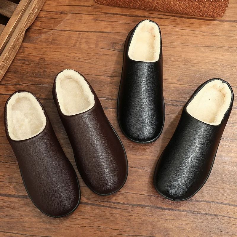 Men Winter Leather Slippers Bedroom Cotton Slippers Male Waterproof Thick Plus Velvet Indoor Warm H 5