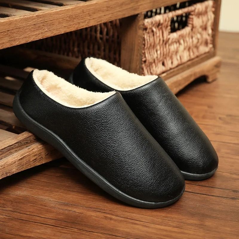 Men Winter Leather Slippers Bedroom Cotton Slippers Male Waterproof Thick Plus Velvet Indoor Warm H 7