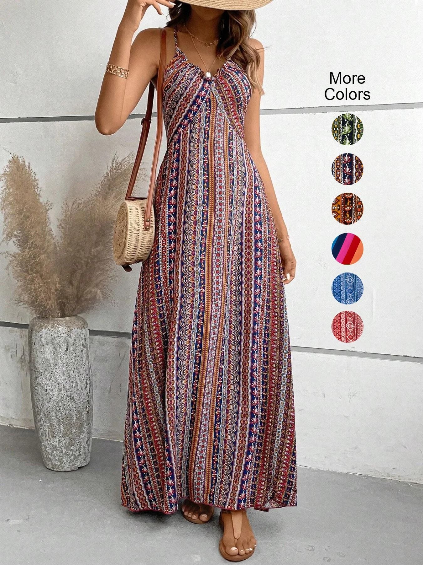Womens Summer Ethnic Pattern Backless Split Thigh Dress Boho Frill Trim Long Dress for Beach
