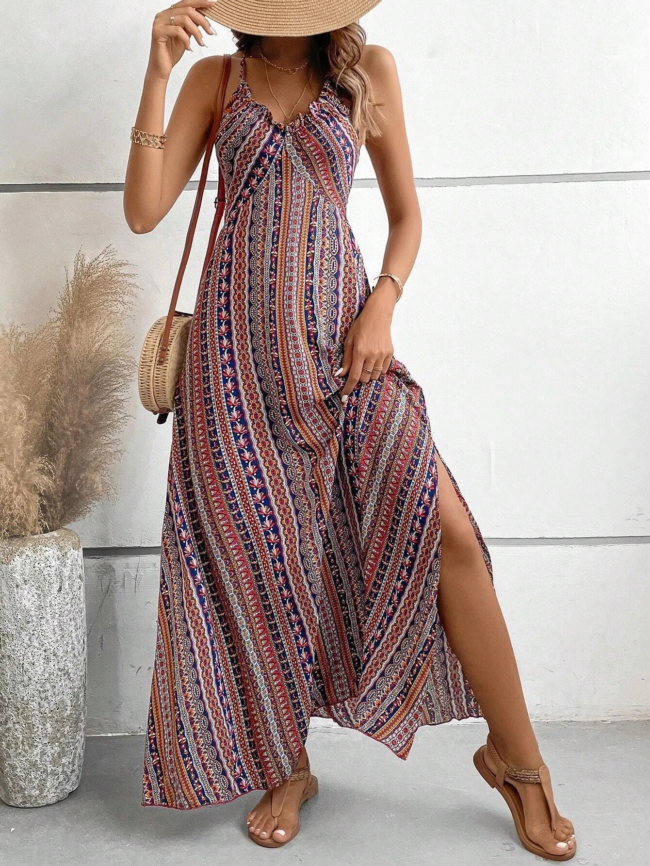 Womens Summer Ethnic Pattern Backless Split Thigh Dress Boho Frill Trim Long Dress For Beach 9