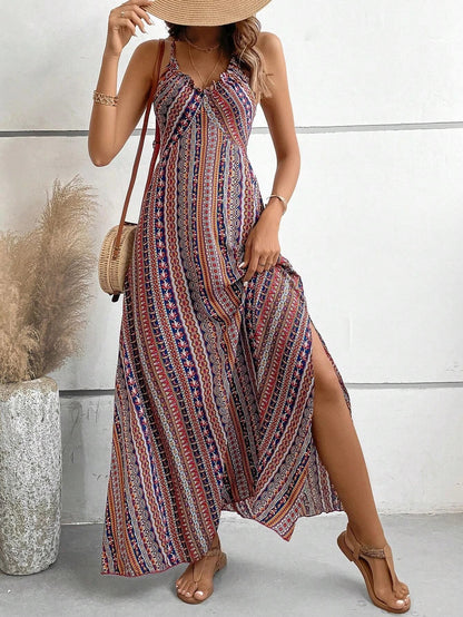 Womens Summer Ethnic Pattern Backless Split Thigh Dress Boho Frill Trim Long Dress For Beach 9