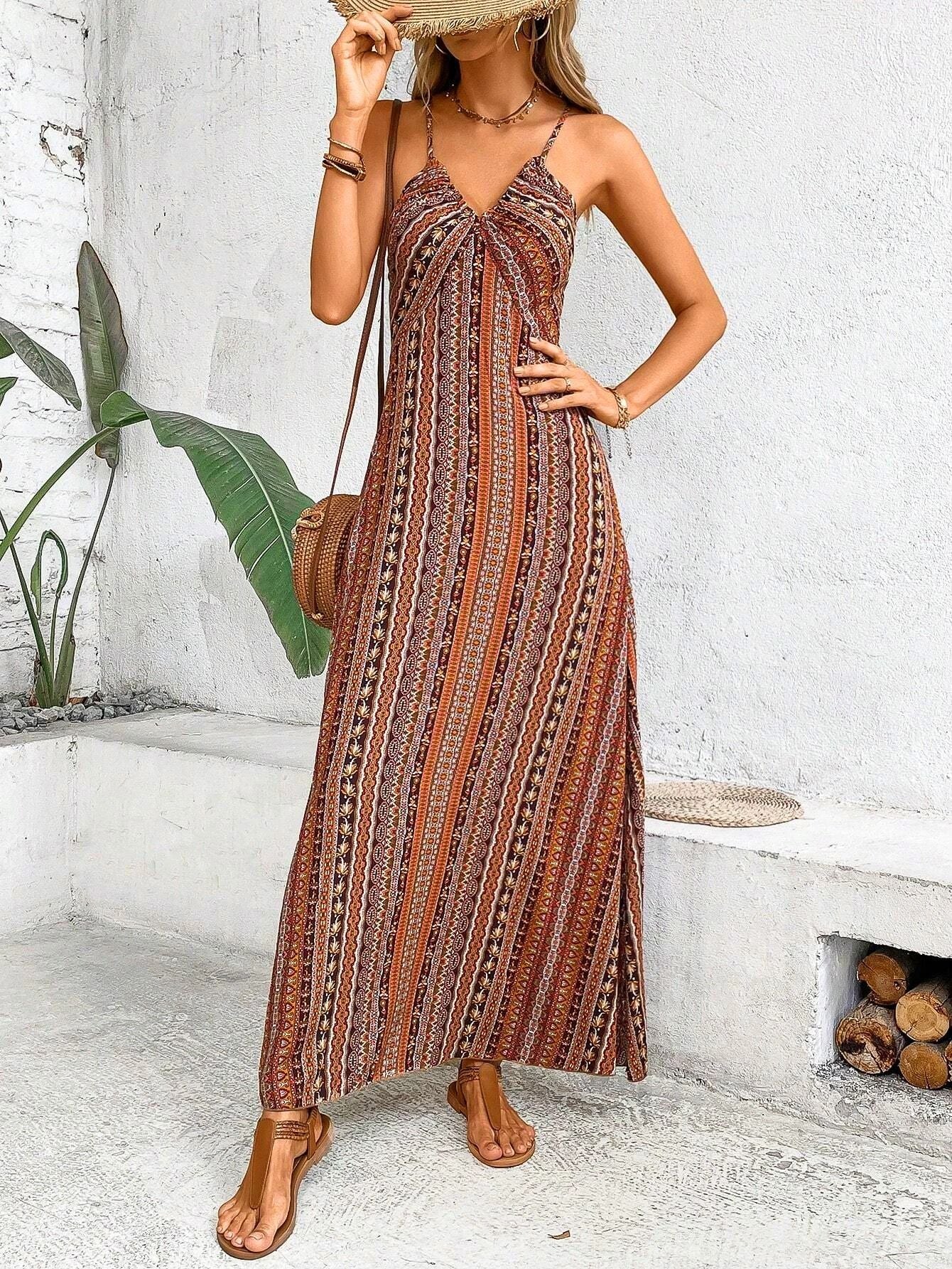 Womens Summer Ethnic Pattern Backless Split Thigh Dress Boho Frill Trim Long Dress For Beach 10