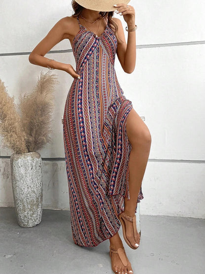 Womens Summer Ethnic Pattern Backless Split Thigh Dress Boho Frill Trim Long Dress For Beach 3
