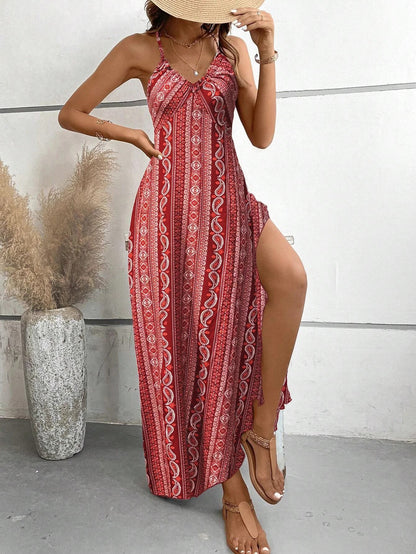 Womens Summer Ethnic Pattern Backless Split Thigh Dress Boho Frill Trim Long Dress For Beach 6