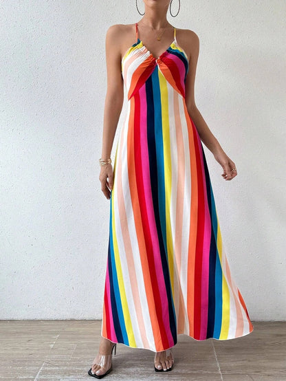Womens Summer Ethnic Pattern Backless Split Thigh Dress Boho Frill Trim Long Dress For Beach 11