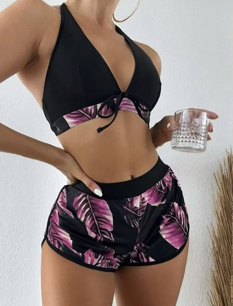 TropiLeaf Halter 3Piece Swimsuit Set  HighWaisted Leaf Print Bikini 11