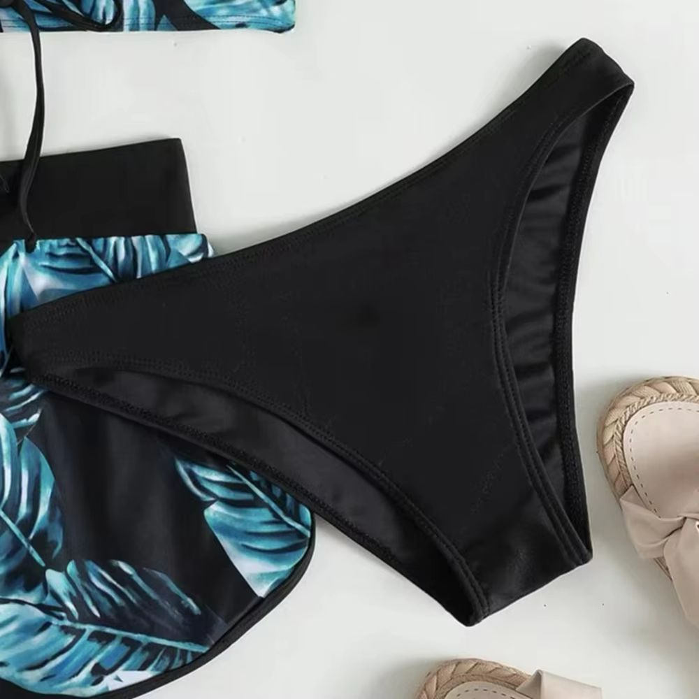 TropiLeaf Halter 3Piece Swimsuit Set  HighWaisted Leaf Print Bikini 1