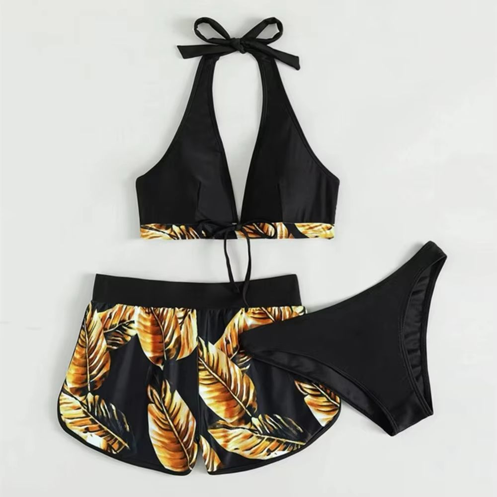 TropiLeaf Halter 3Piece Swimsuit Set  HighWaisted Leaf Print Bikini 2