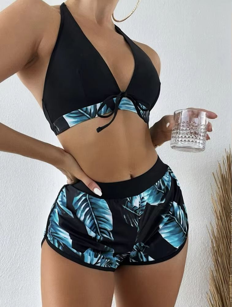 TropiLeaf Halter 3Piece Swimsuit Set  HighWaisted Leaf Print Bikini 6