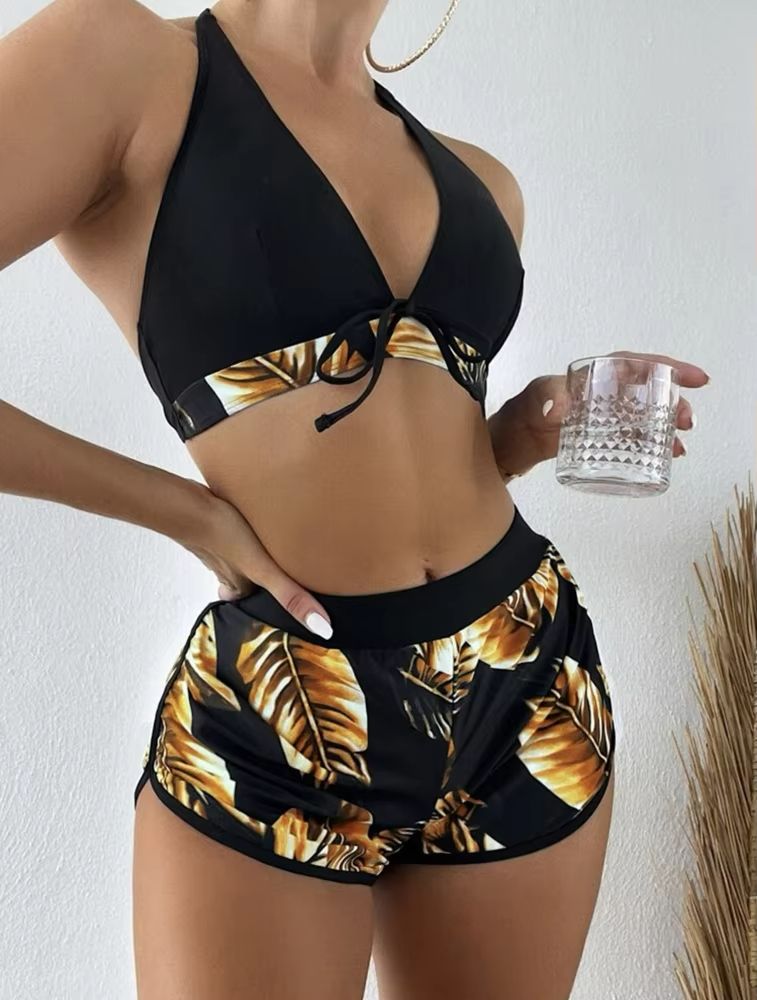 TropiLeaf Halter 3Piece Swimsuit Set  HighWaisted Leaf Print Bikini 7