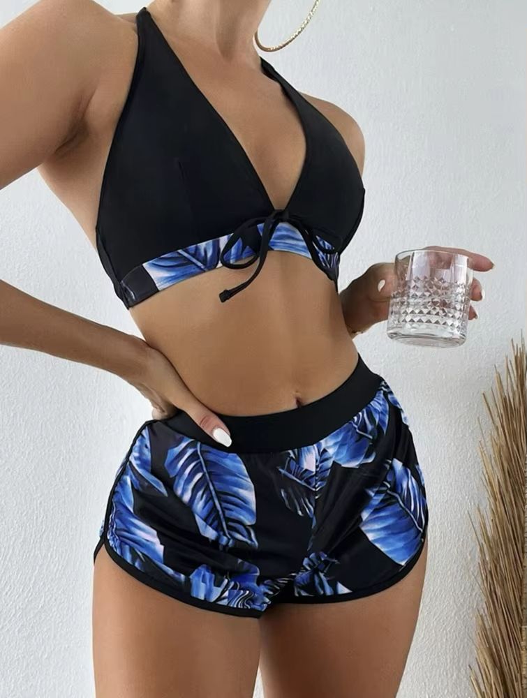 TropiLeaf Halter 3Piece Swimsuit Set  HighWaisted Leaf Print Bikini 8