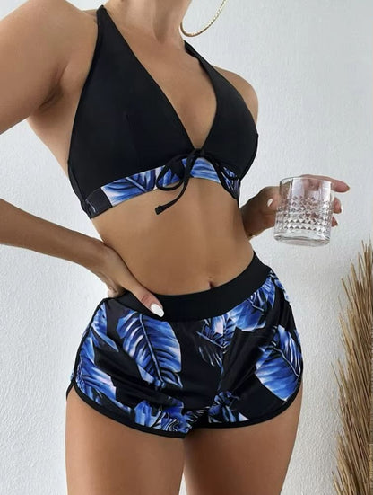 TropiLeaf Halter 3Piece Swimsuit Set  HighWaisted Leaf Print Bikini 8
