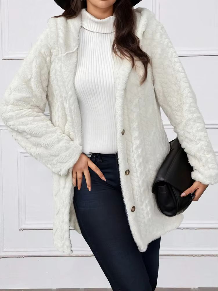 WinterHug Plus Size Faux Fur Coat  Hooded Button Cardigan In Plush 3