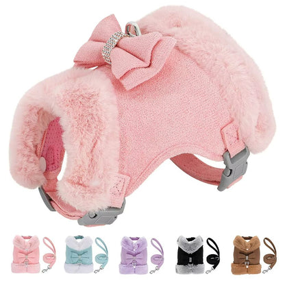 SnuggleSpark Fur Dog Harness Set – Rhinestone Bow for Warm Puppy Coats
