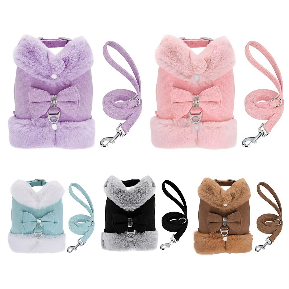 SnuggleSpark Fur Dog Harness Set  Rhinestone Bow For Warm Puppy Coats 1