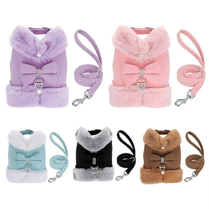 SnuggleSpark Fur Dog Harness Set  Rhinestone Bow For Warm Puppy Coats 1