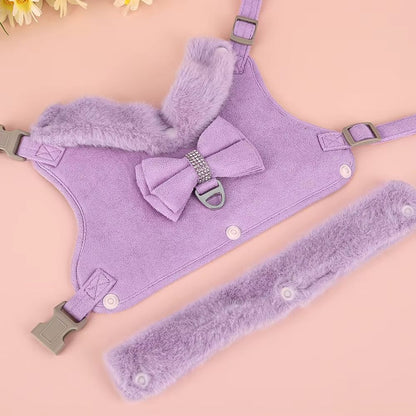 SnuggleSpark Fur Dog Harness Set  Rhinestone Bow For Warm Puppy Coats 2