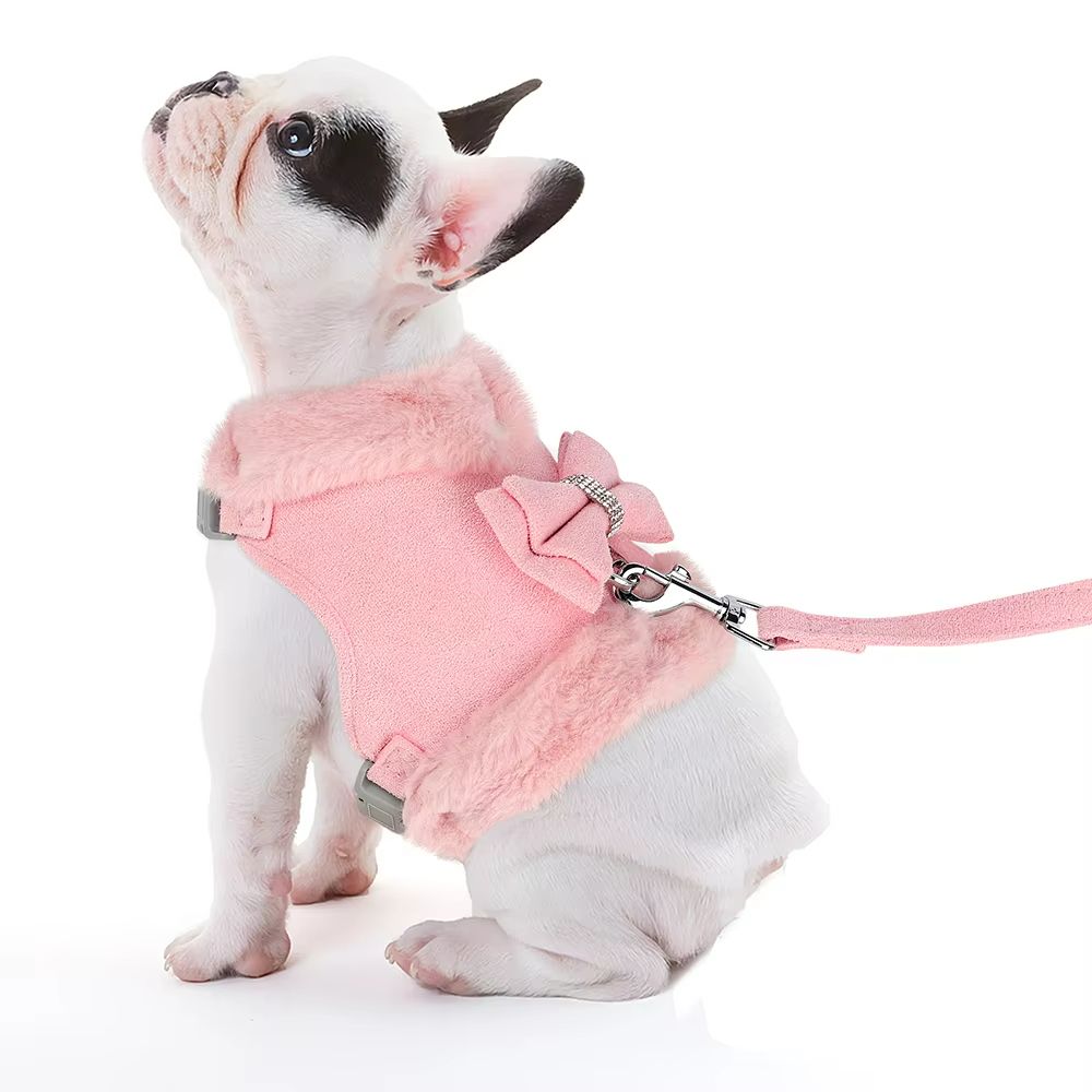 SnuggleSpark Fur Dog Harness Set  Rhinestone Bow For Warm Puppy Coats 4