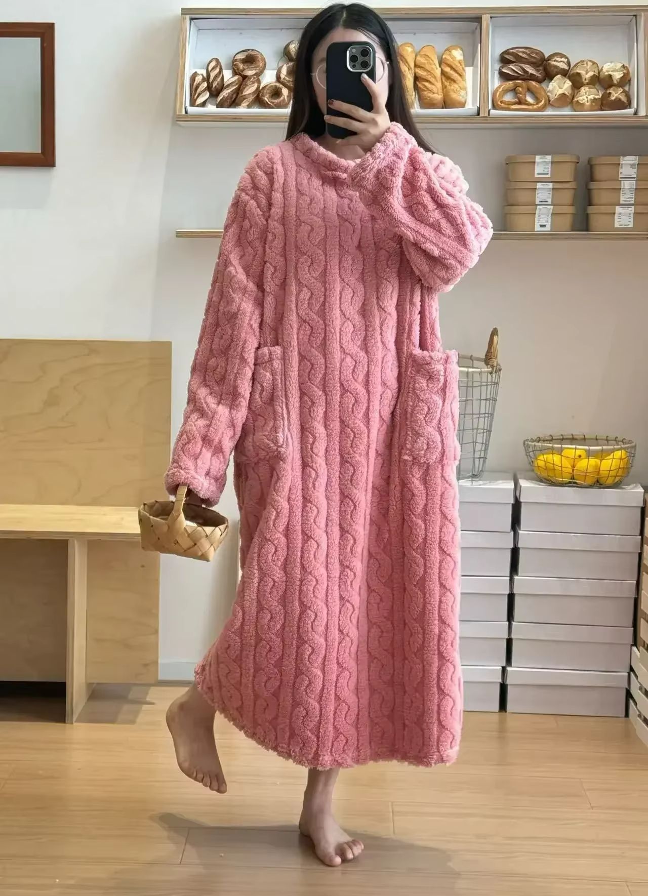 Cozy Haven Long Sleeve Flannel Nightgown with Double Pockets