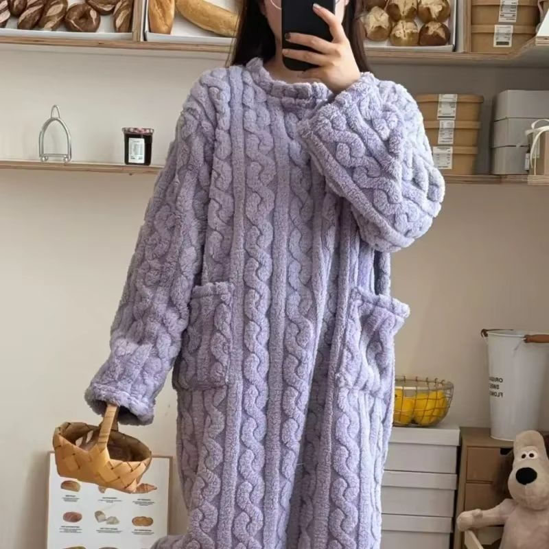 Cozy Haven Long Sleeve Flannel Nightgown With Double Pockets 3