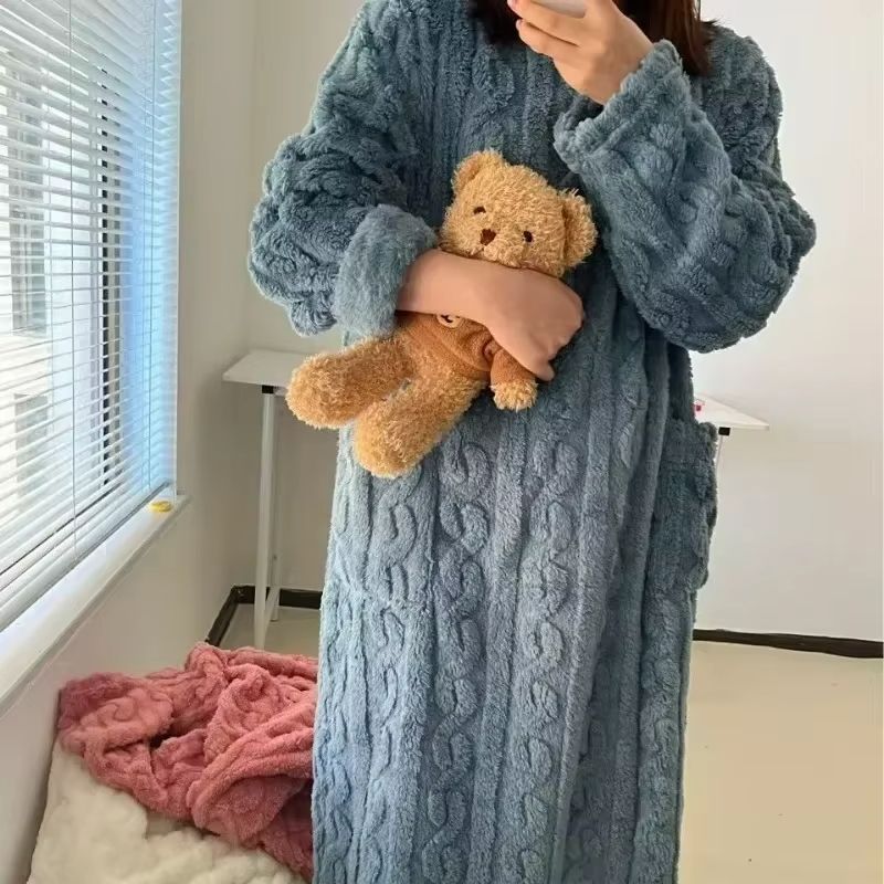 Cozy Haven Long Sleeve Flannel Nightgown With Double Pockets 5
