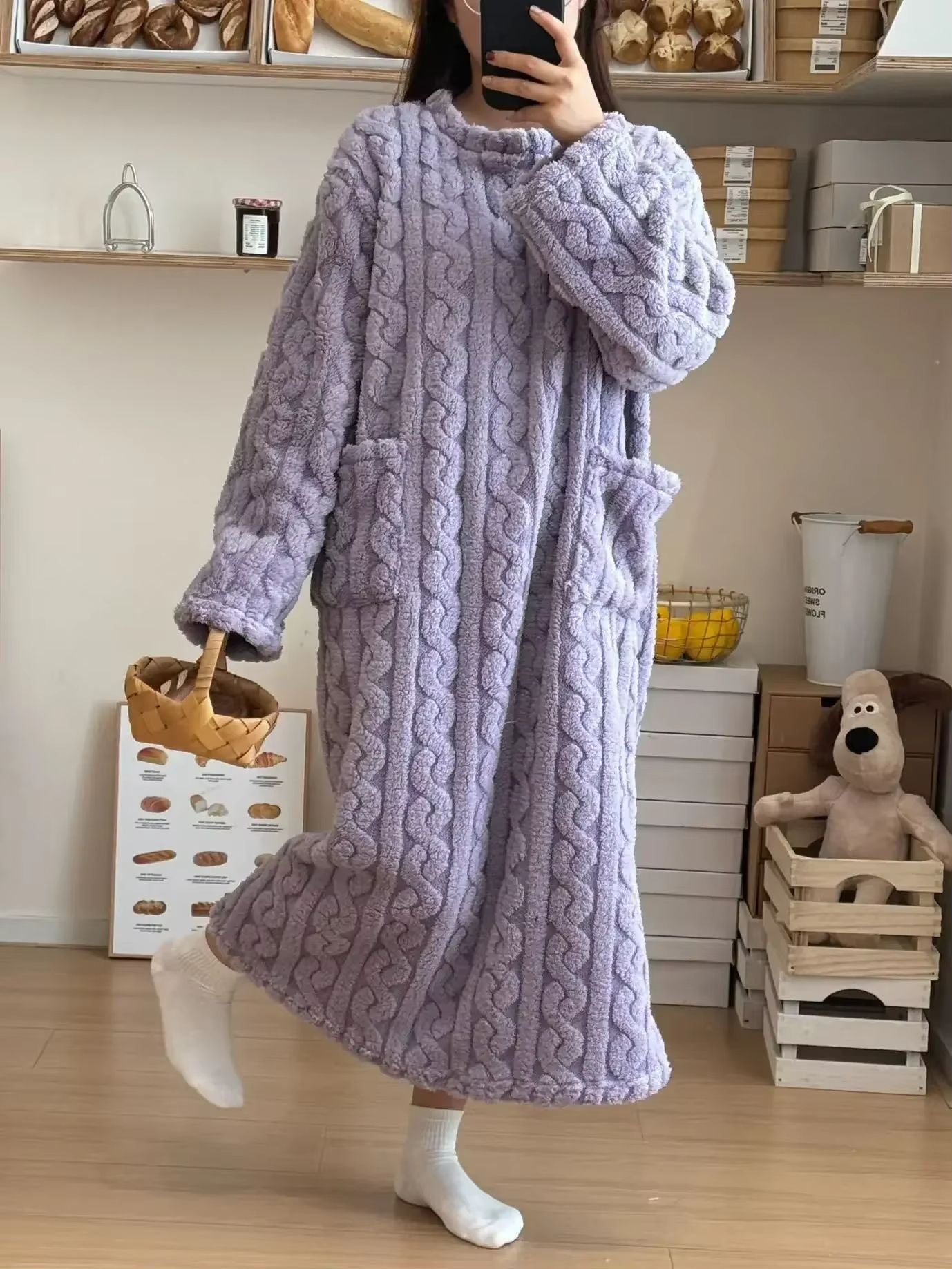 Cozy Haven Long Sleeve Flannel Nightgown With Double Pockets 11